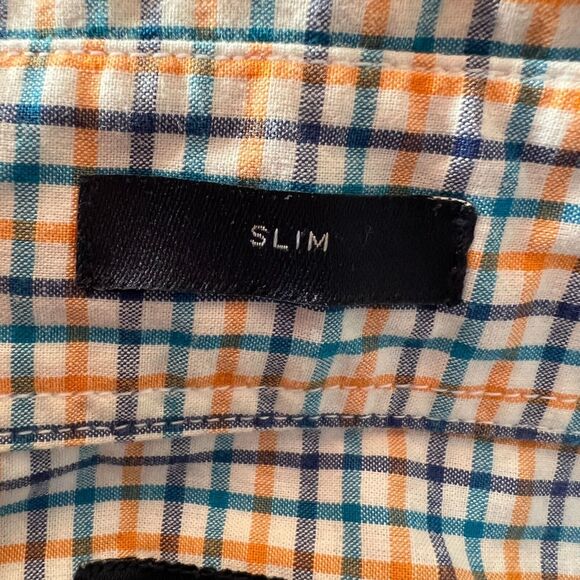 J Crew Factory Shirt Men Large Blue Orange Plaid Button Down Slim Casual Preppy - Picture 7 of 8